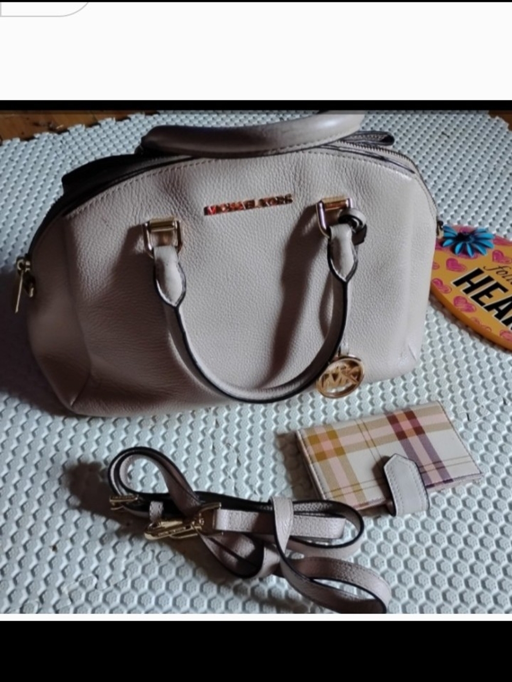 Michael Kors Light Beige Pebbled Leather Satchel with Gold Logo Charm#FREE WALLE